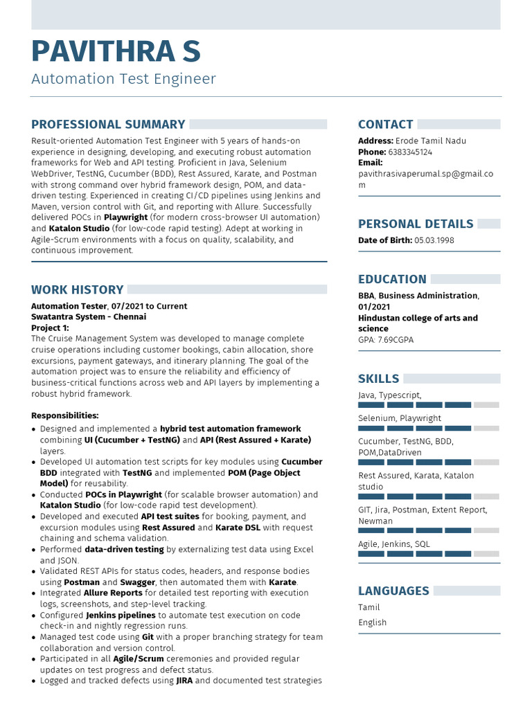 Pavithra S Resume UP | PDF | Software Testing | Selenium (Software)