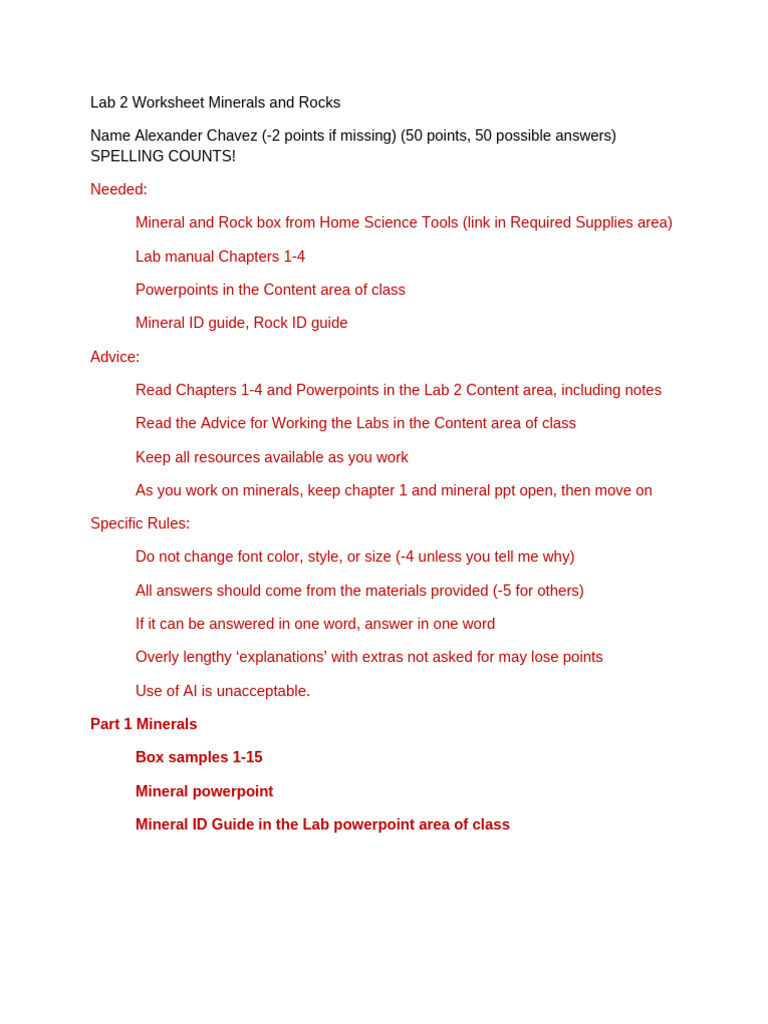 Lab 2 Worksheet Minerals and Rocks Fall 2025 | PDF | Igneous Rock ...