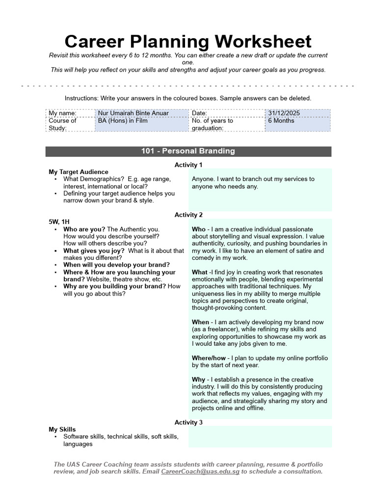 Career Planning Worksheet - Nur Umairah 23475 | PDF | Brand