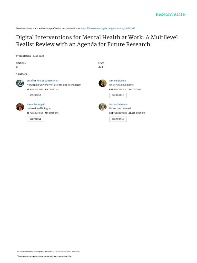 Digital Interventions For Mental Health at Work A Multilevel Realist ...