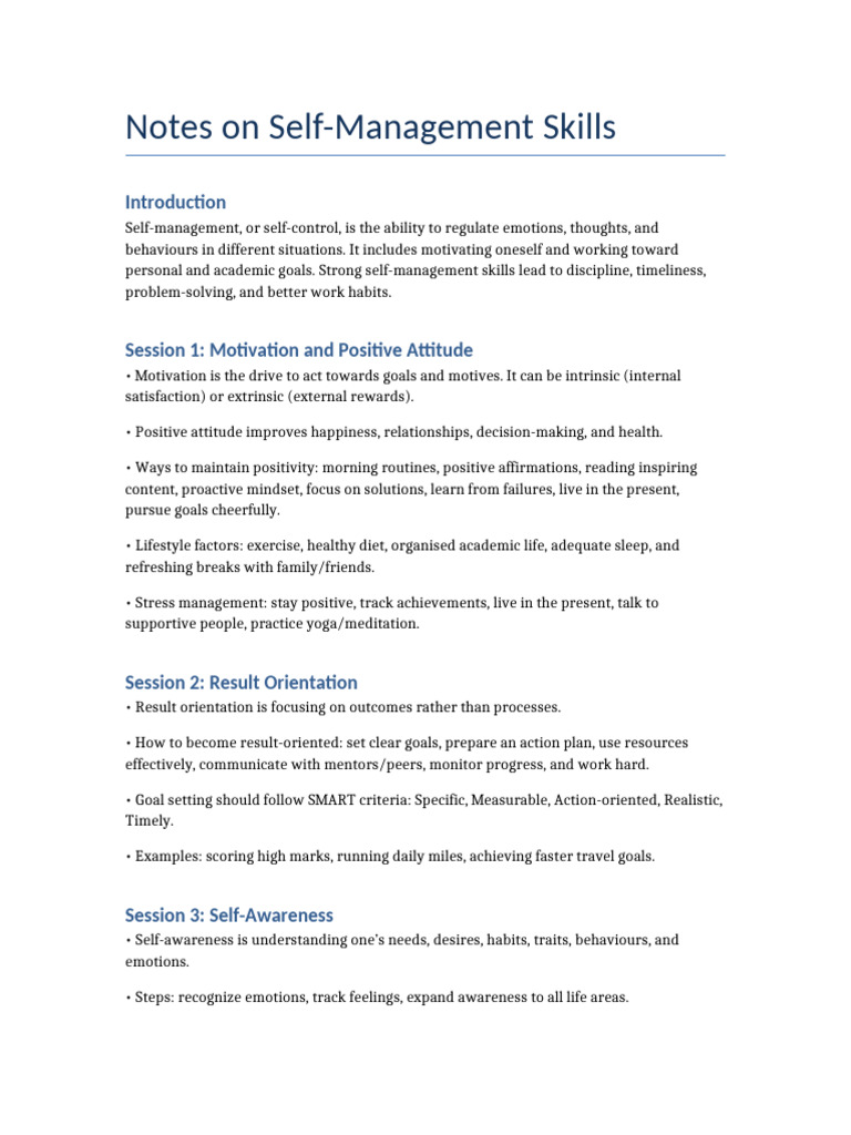 Self Management Skills Notes | PDF