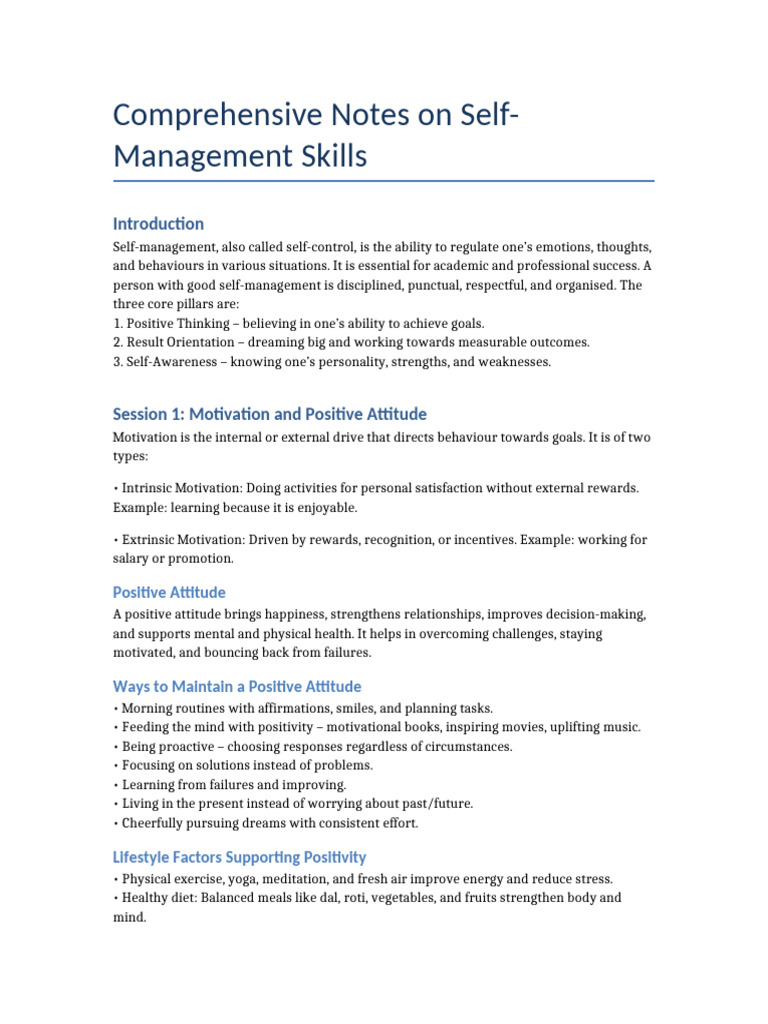 Full Detailed Self Management Skills Notes | PDF | Motivational ...