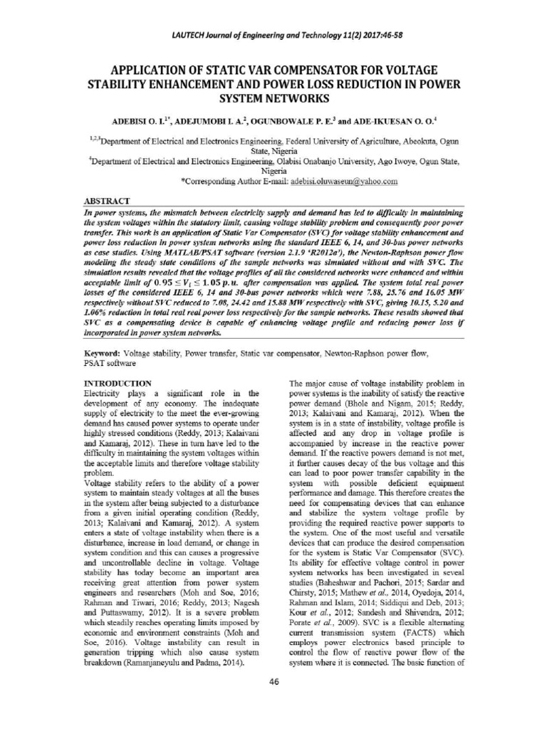 Application of Static Var Compensator For Voltage Stability Enhancement ...