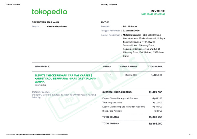 Invoice Tokopedia ElevateKarpet | PDF