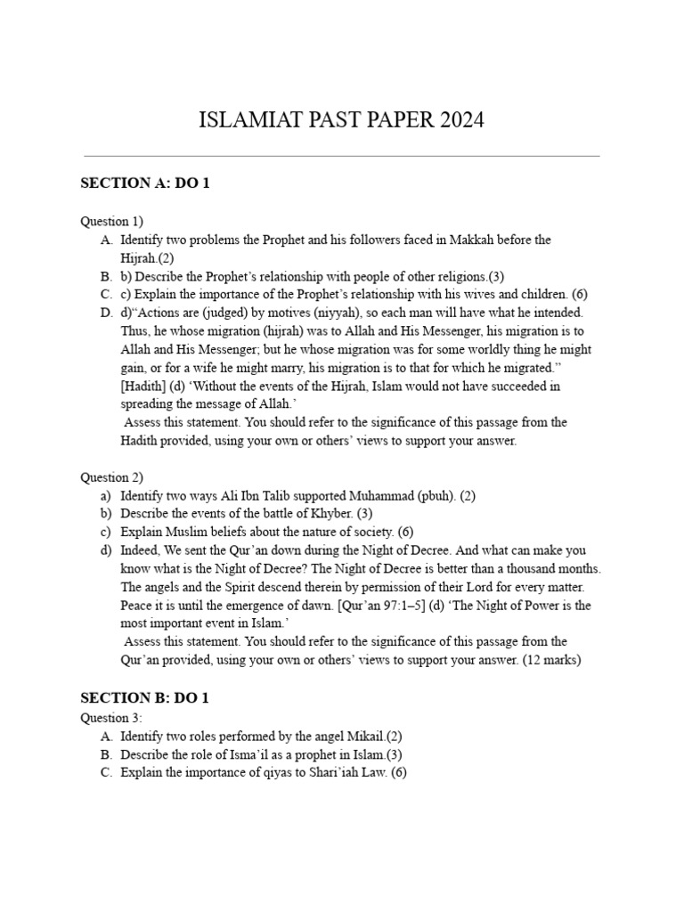 Islamiat Past Paper | PDF | Muhammad | Prophets And Messengers In Islam