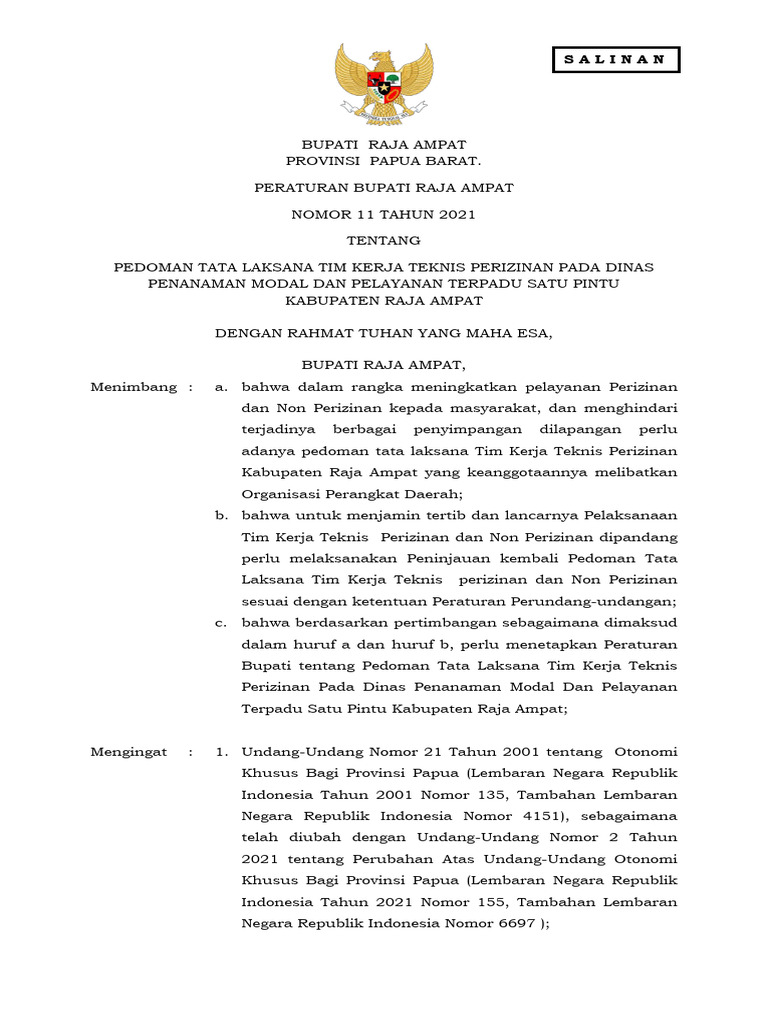 Perbup Raja Ampat No 11 Tahun 2021 Tentang Pedoman Tata Laksana Tim ...
