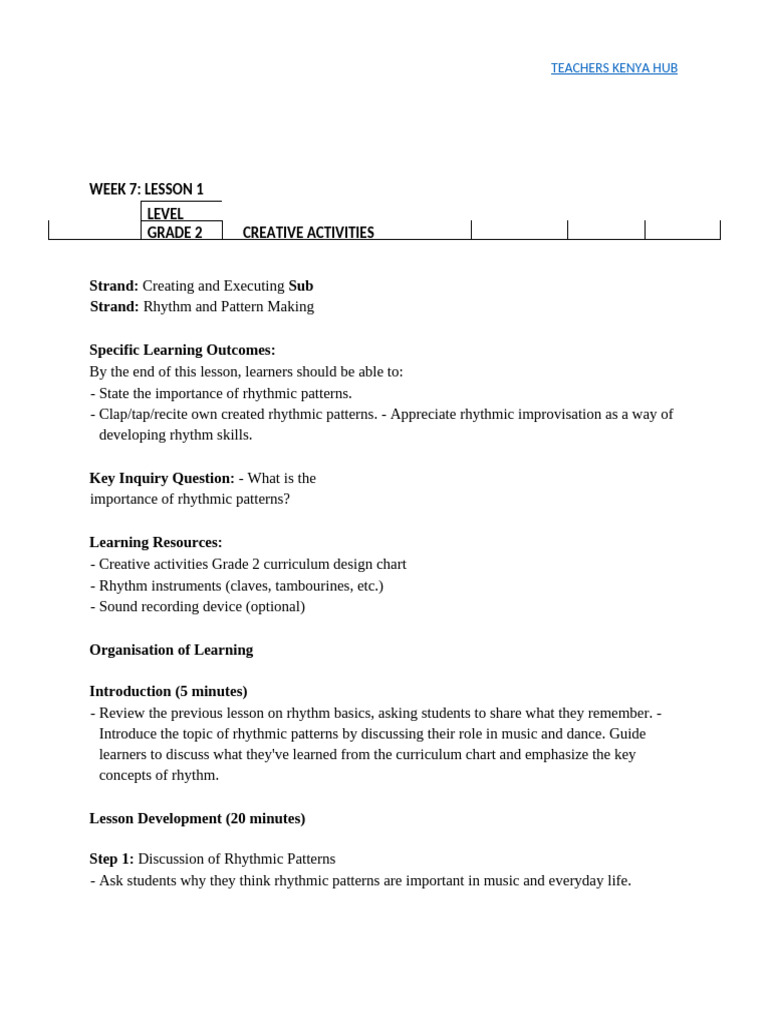 Term 1 Grade 2 Creative Activities Lesson Plan | PDF | Rhythm | Learning