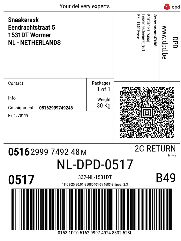 NL-DPD-0517: 2999 7492 48 2C Return | PDF