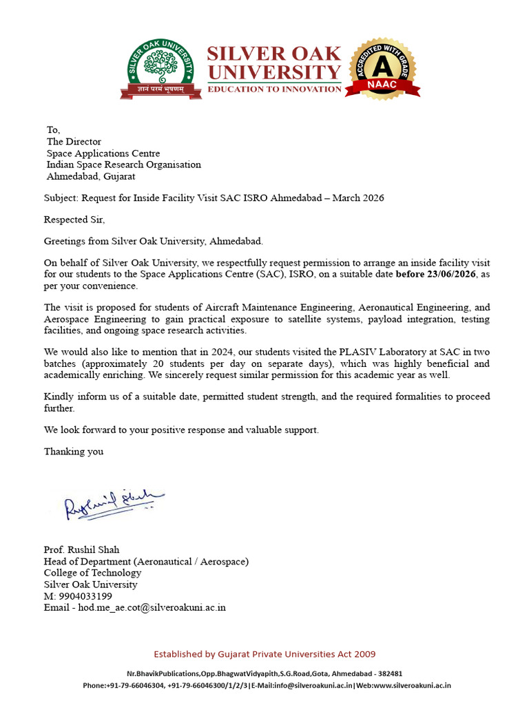 Industrial Visit SAC ISRO Letter | PDF