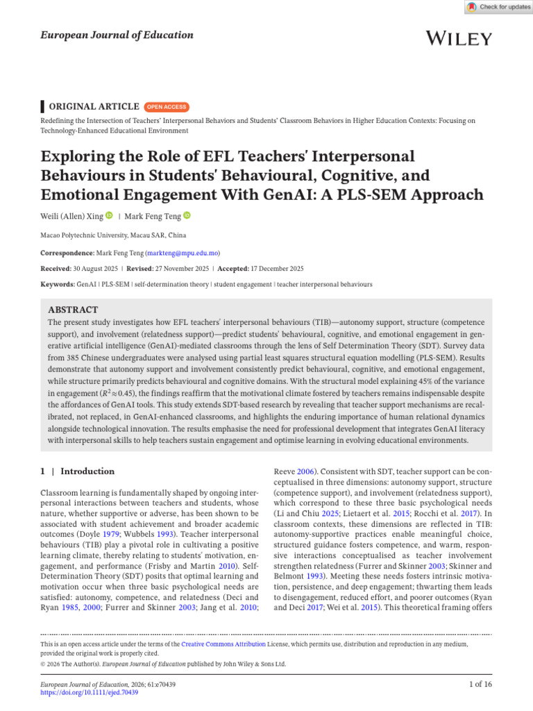 Euro J of Education - 2026 - Xing - Exploring The Role of EFL Teachers ...