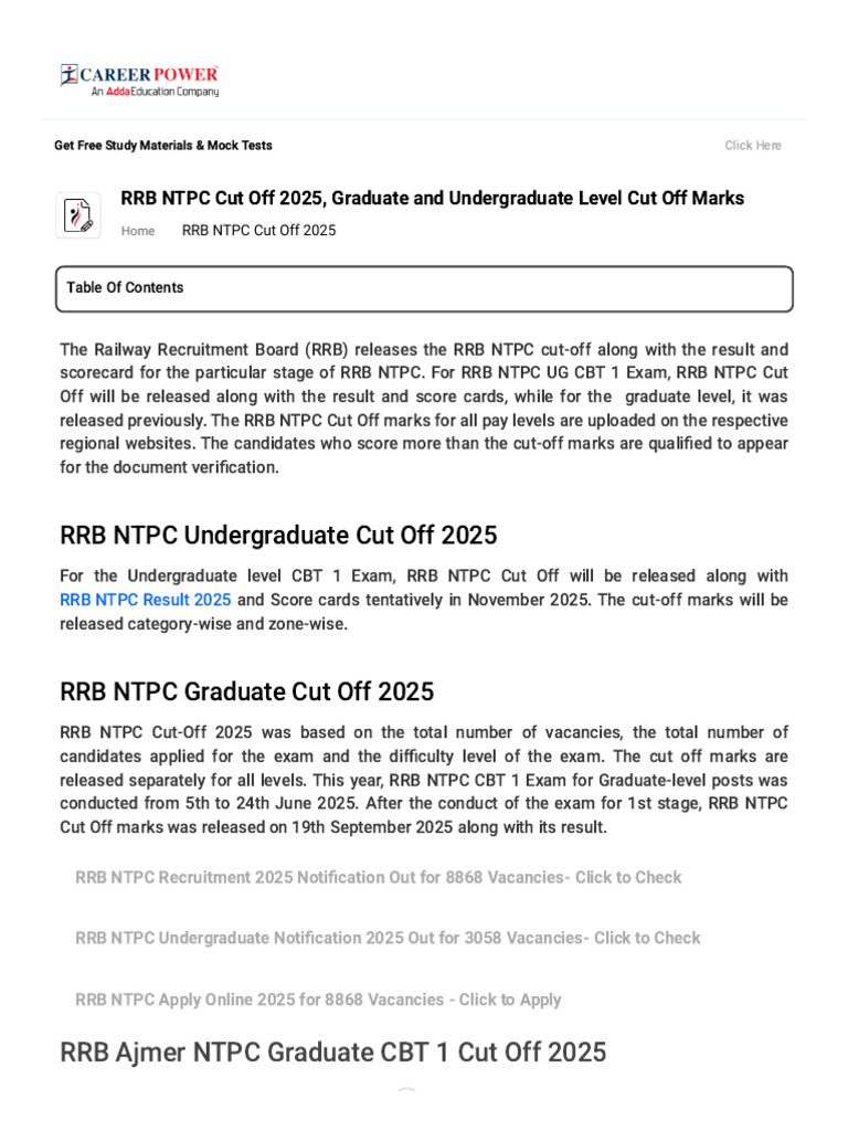 RRB NTPC Cut Off 2025, Graduate and Undergraduate Level Cut Off Marks ...
