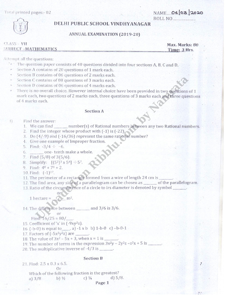 Cbse Class 7 Maths Question Paper Dps | PDF