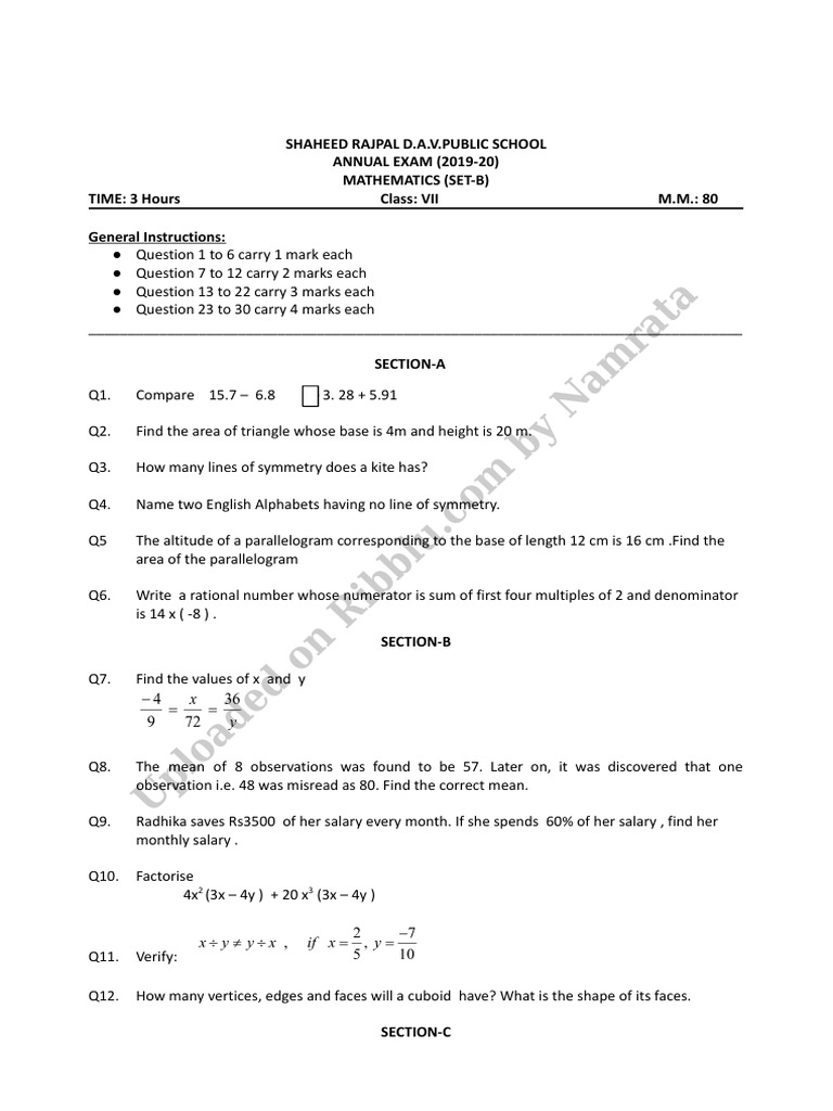 Cbse Class 7 Maths Question Paper Set B | PDF | Area | Rectangle