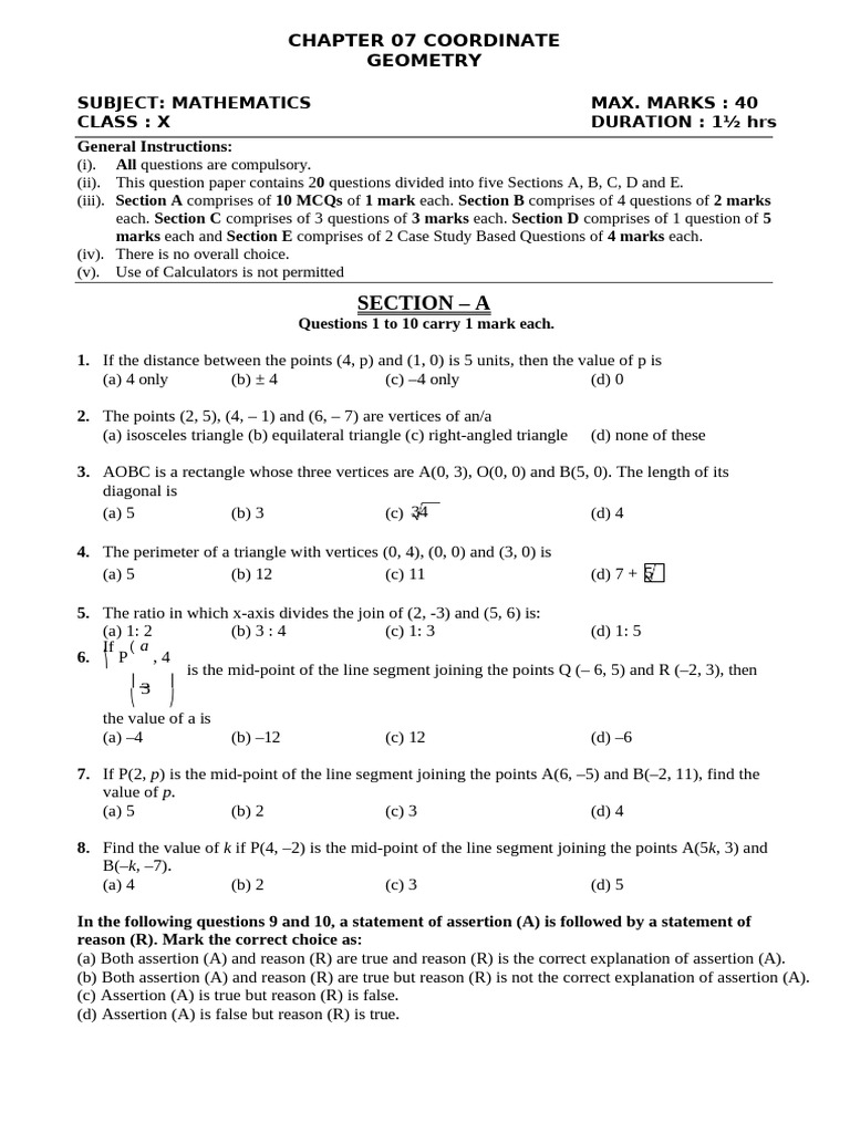 Maths Class X Chapter 07 Coordinate Geometry Practice Paper 07 1 | PDF ...