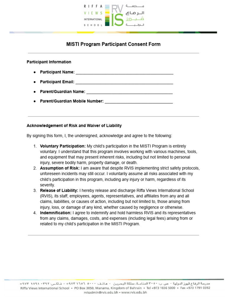 MISTI Program Participant Consent Form | PDF | Indemnity | Legal Concepts