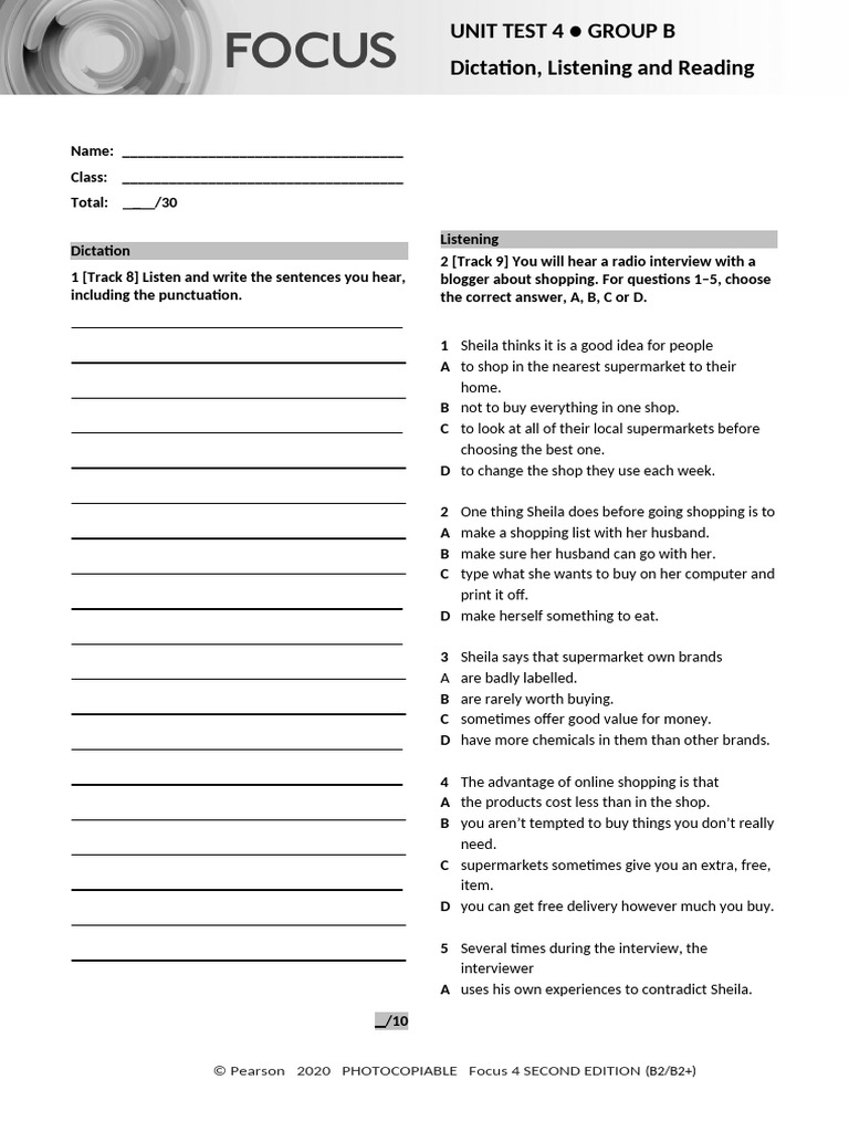 Focus4 2E Unit Test Dictation Listening Reading | PDF | Candy