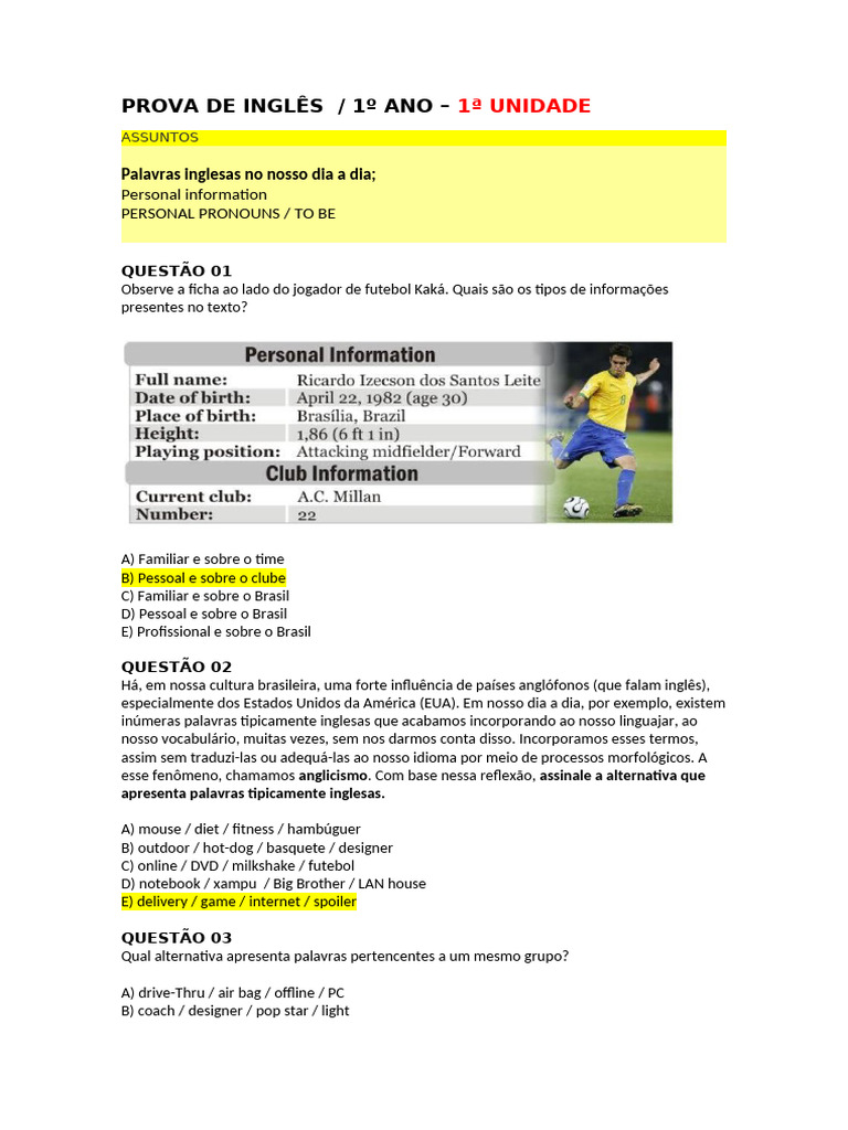 PROVA 1 - 1o ANO (INGLÊS-PROJETO DE VIDA) - 2023 | PDF