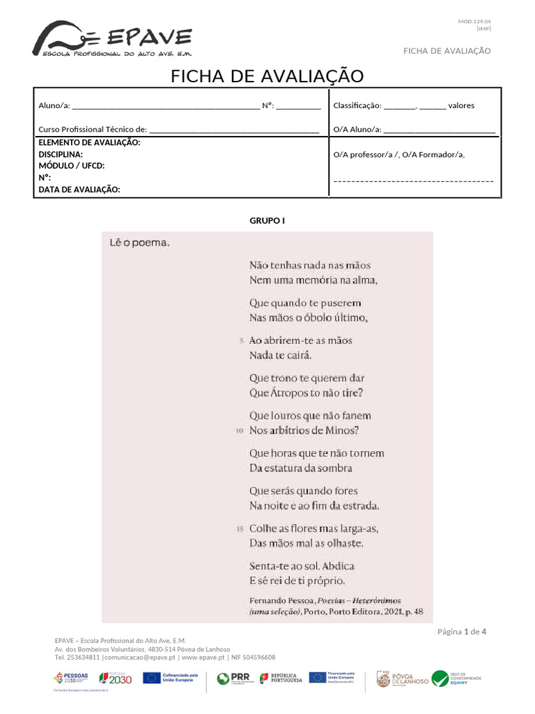 MOD.129.04 - Modelo FICHA DE AVALIAÇÃO | PDF