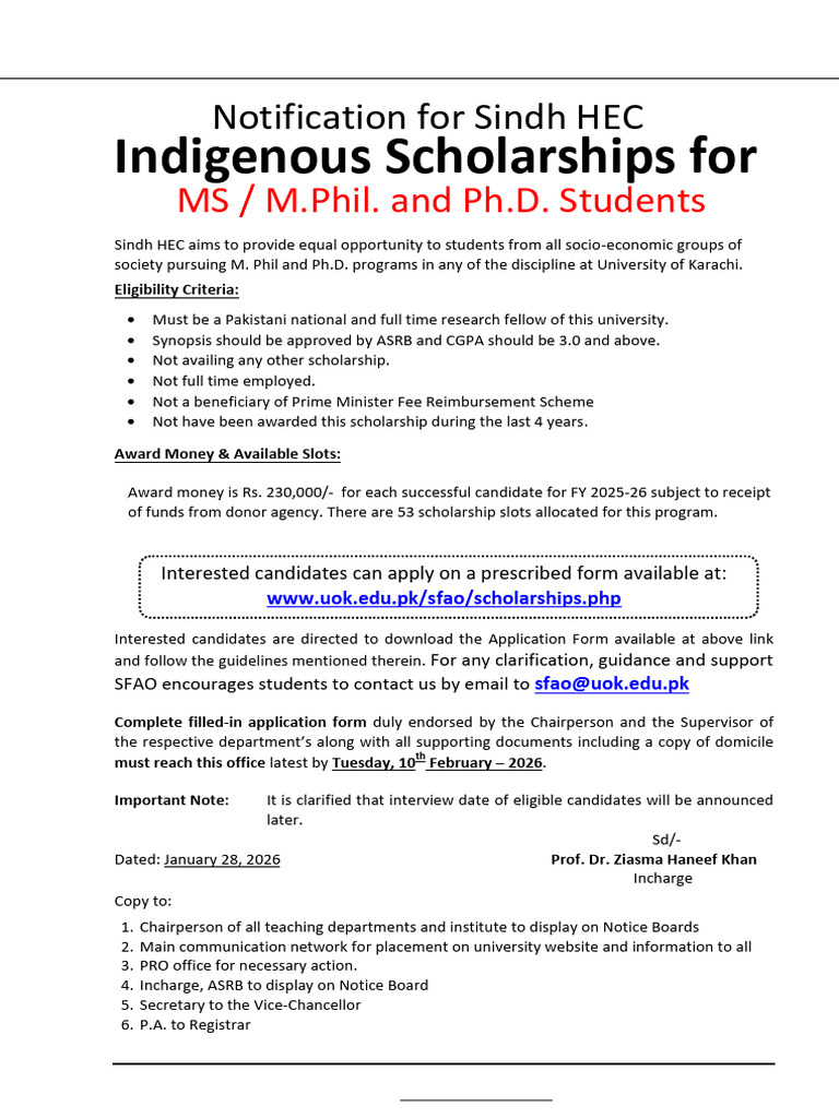 Notification For Sindh HEC M.phil Ph.D. Scholarships 2025-26 | PDF ...