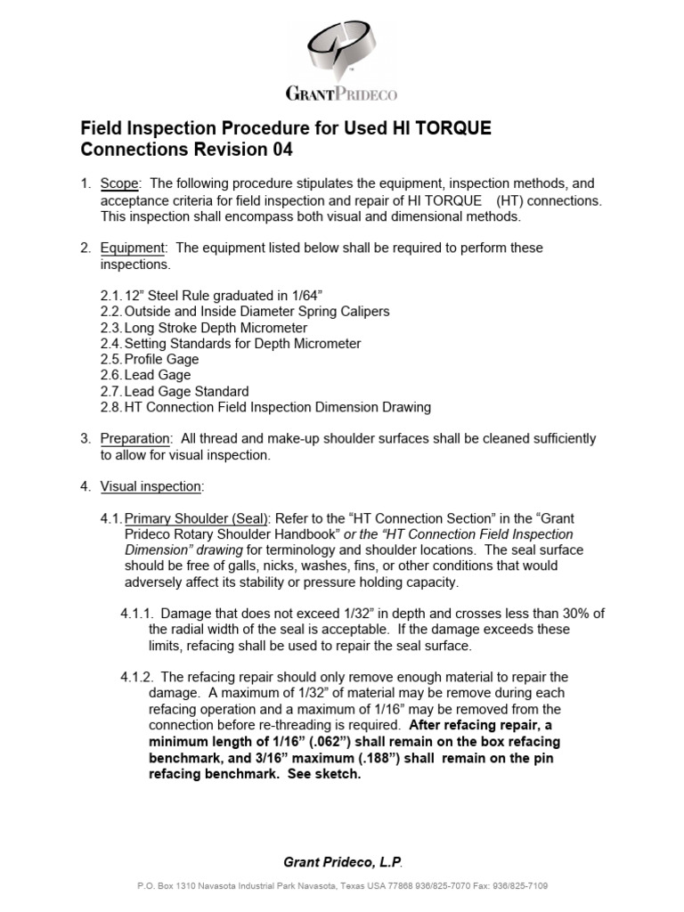 Field Inspection Procedure For Used HT Connections Revision 04 | PDF ...