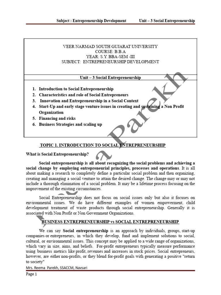 Social Entrepreneurship Unit 3 - Final Sem 3 ED | PDF | Social ...