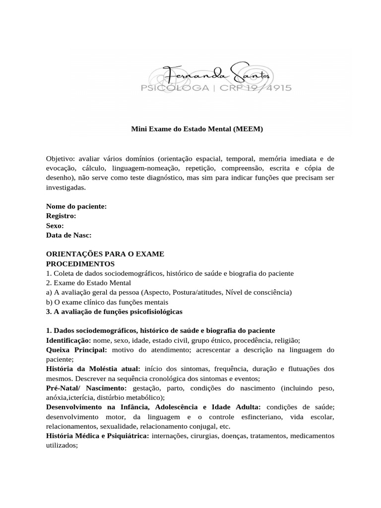 Mini Exame Do Estado Mental (MEEM) | PDF | Psiquiatria | Ciências ...