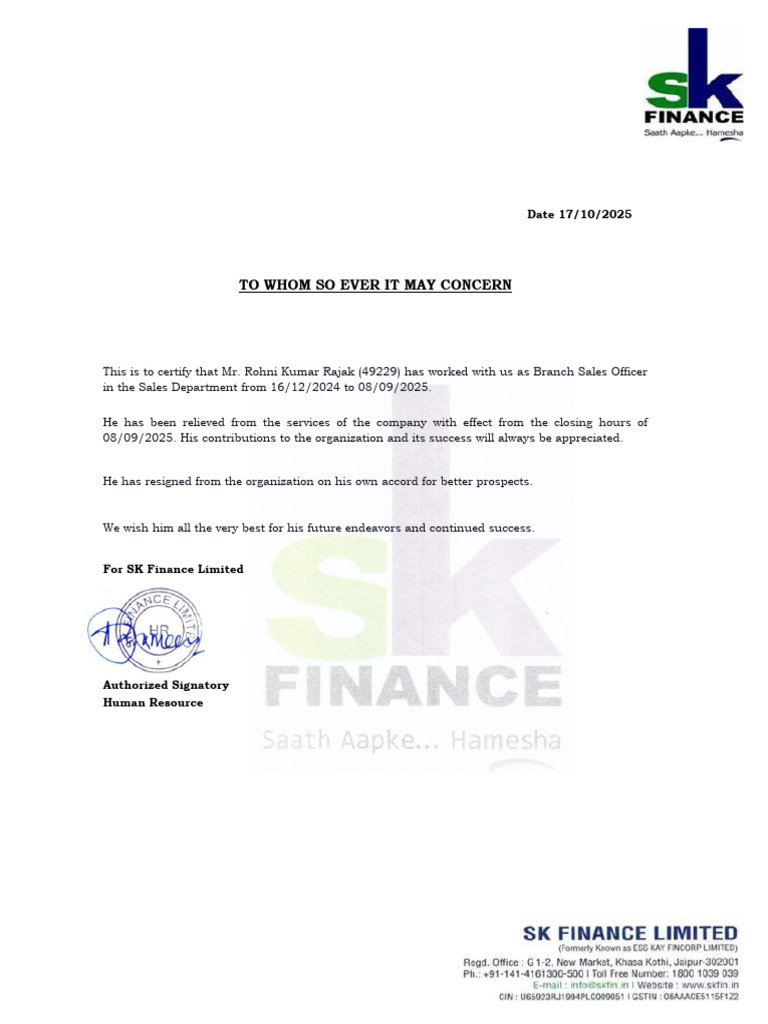 SK Financereleving Letter | PDF