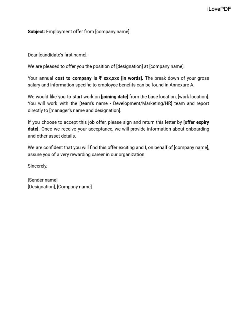 Standard Job Offer Letter Template Watermark | PDF | Salary | Employment