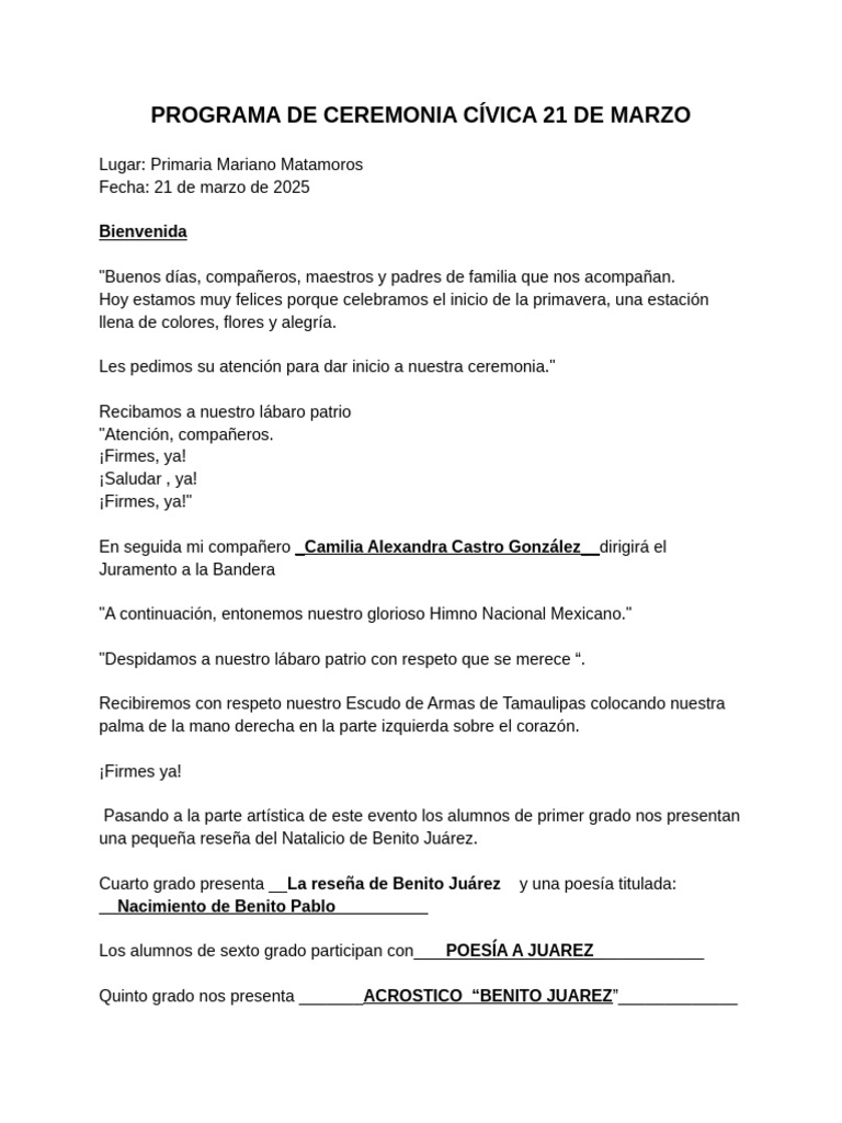 Programa de Ceremonia Cívica Marzo 21 | PDF