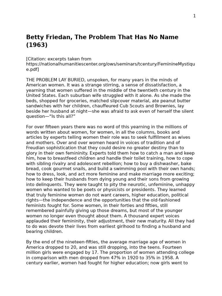 Betty Fried An The Problem That Has No Name Acc 1 | PDF | Housewife