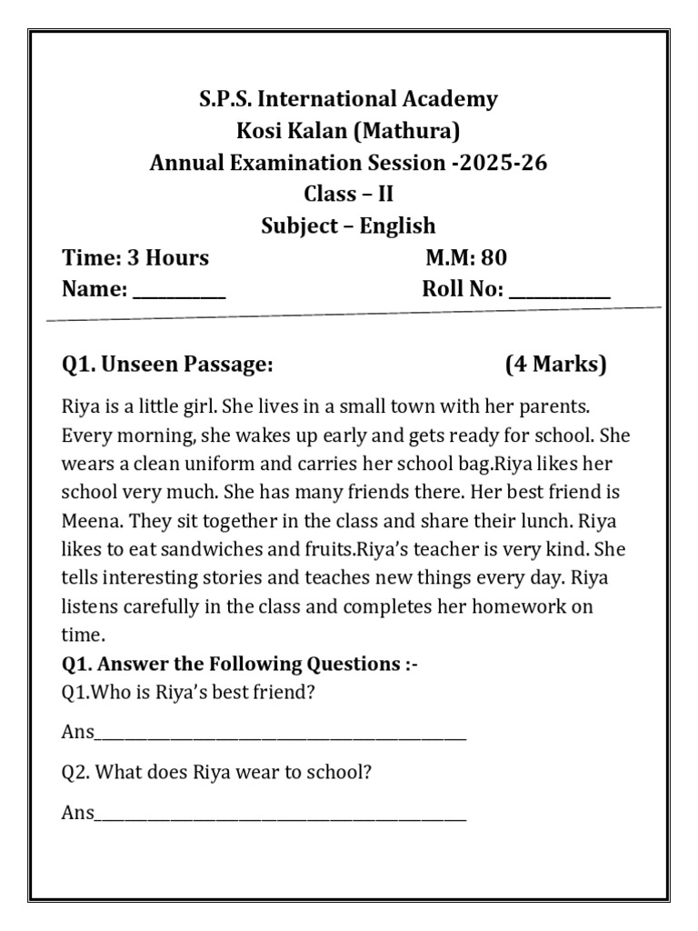 Class 2 English Annual Exam FINAL FORMATTED | PDF