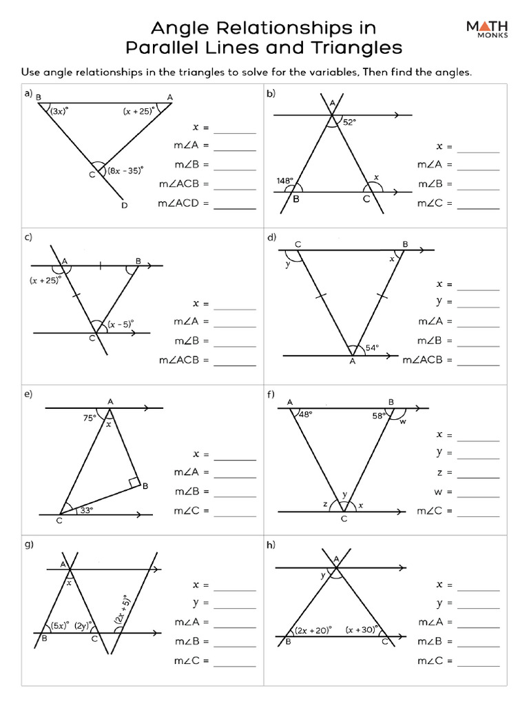 Angle Relationships in Parallel Lines and Triangles Worksheet | PDF