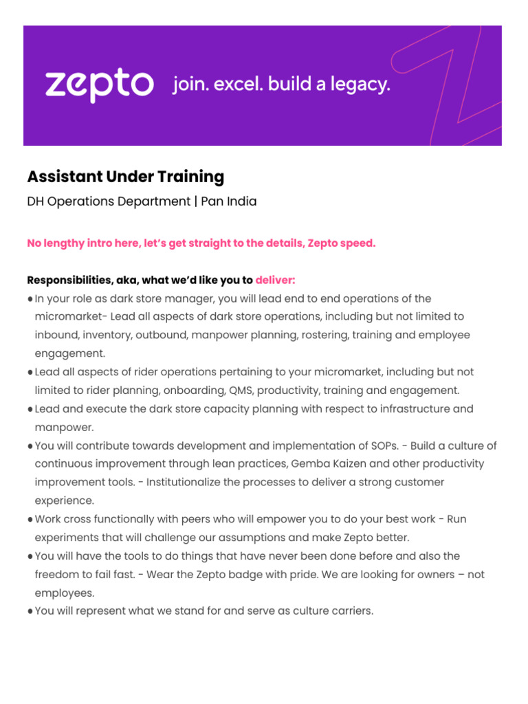 JD - Assistant Under Training (DH Operations) | PDF
