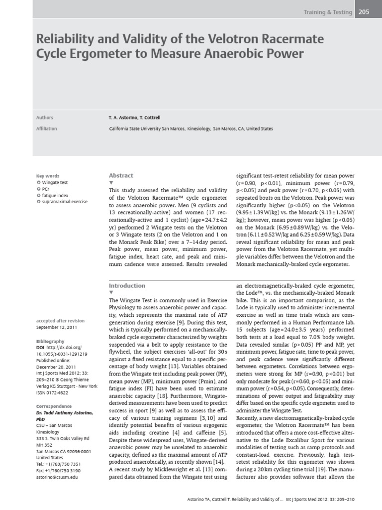 Reliability and Validity of The Velotron Racermate Cycle Ergometer To ...