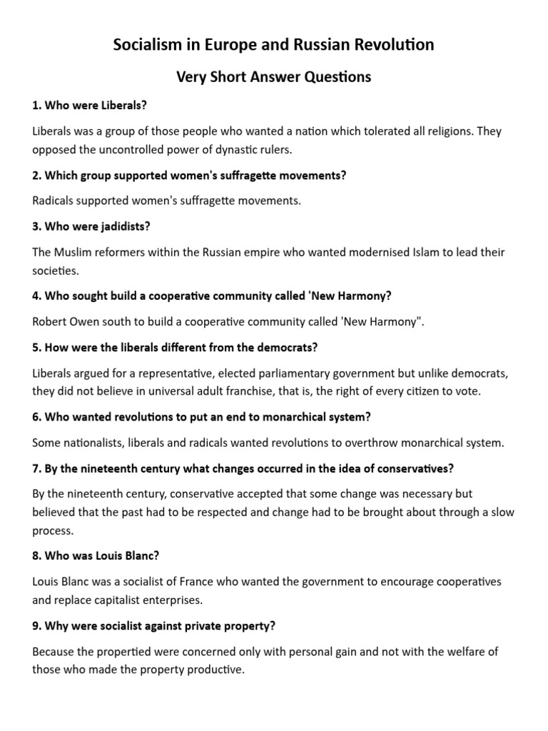 Socialism in Europe and Russian Revolution EXTRA QUESTIONS CLASS 9 ...