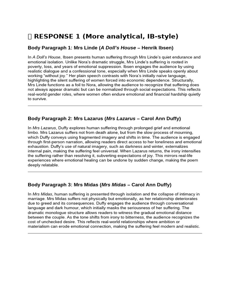 RESPONSE 1 (More Analytical, IB-style) | PDF | A Doll's House | Suffering