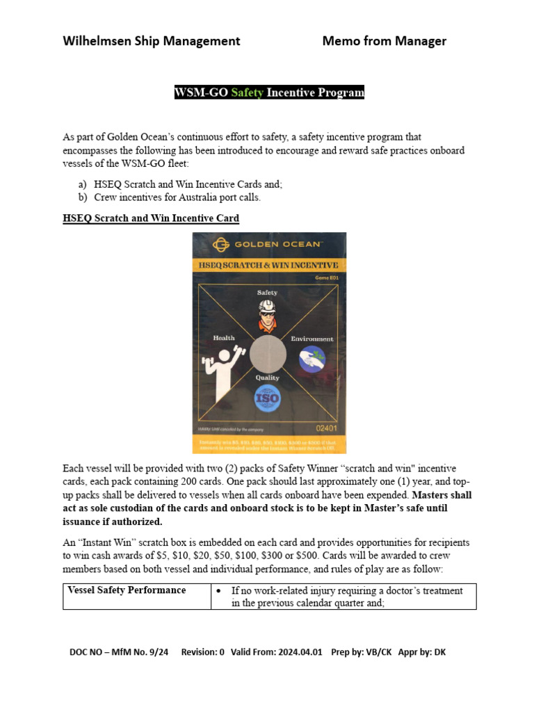 MFM 9 of 24 WSM-GO Safety Incentive Program | PDF
