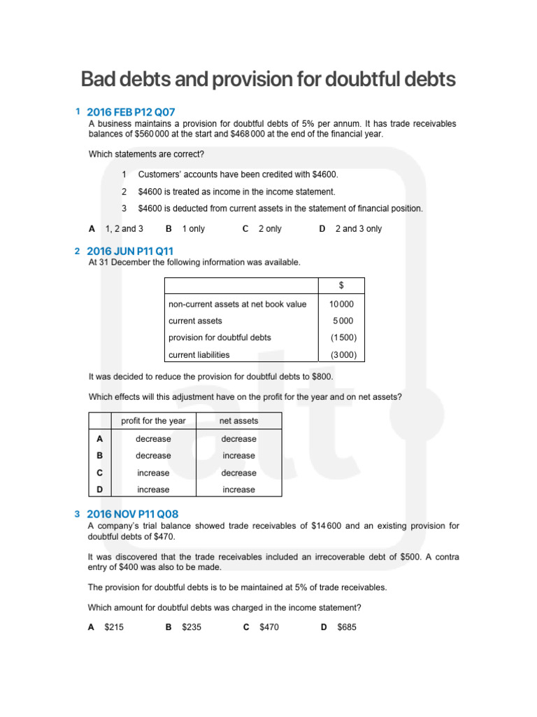 1 Bad Debts and Provision For Doubtful Debts Worksheet | PDF | Debits ...
