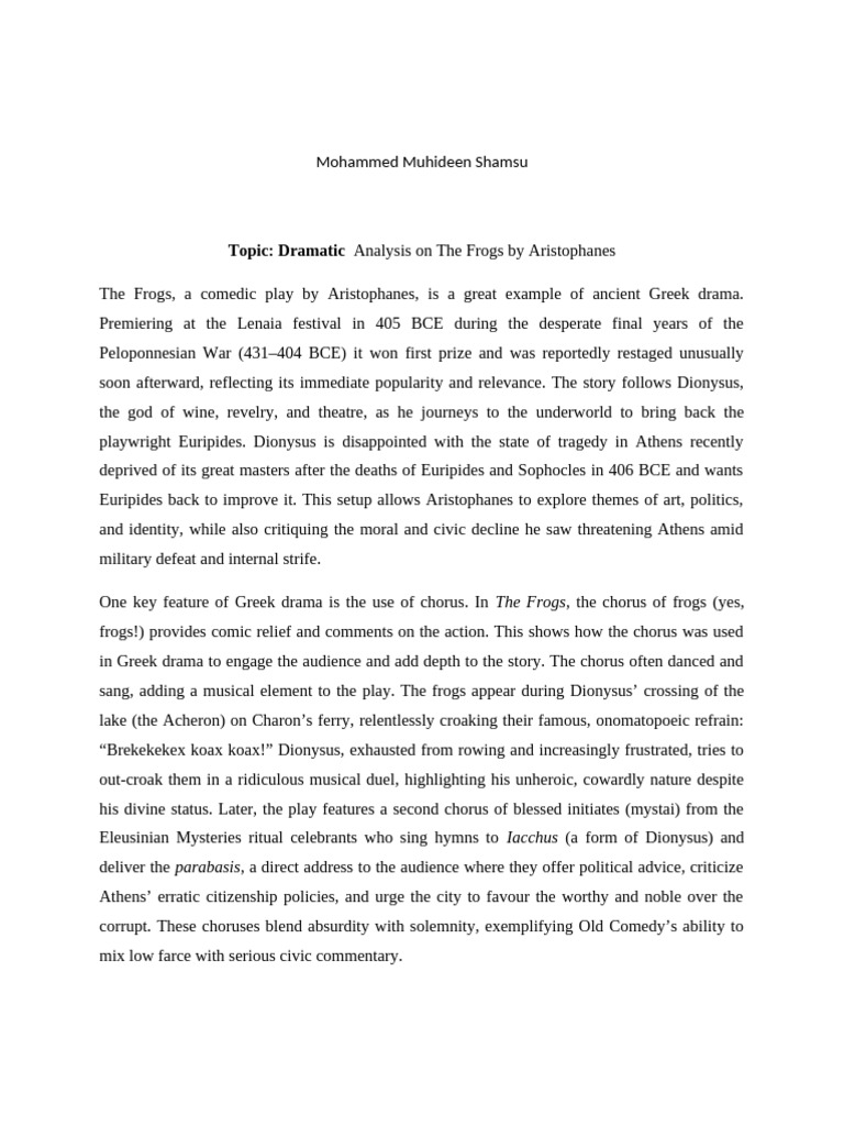 Dramatic Analysis On The Frogs by Aristophanes | PDF | Aristophanes ...