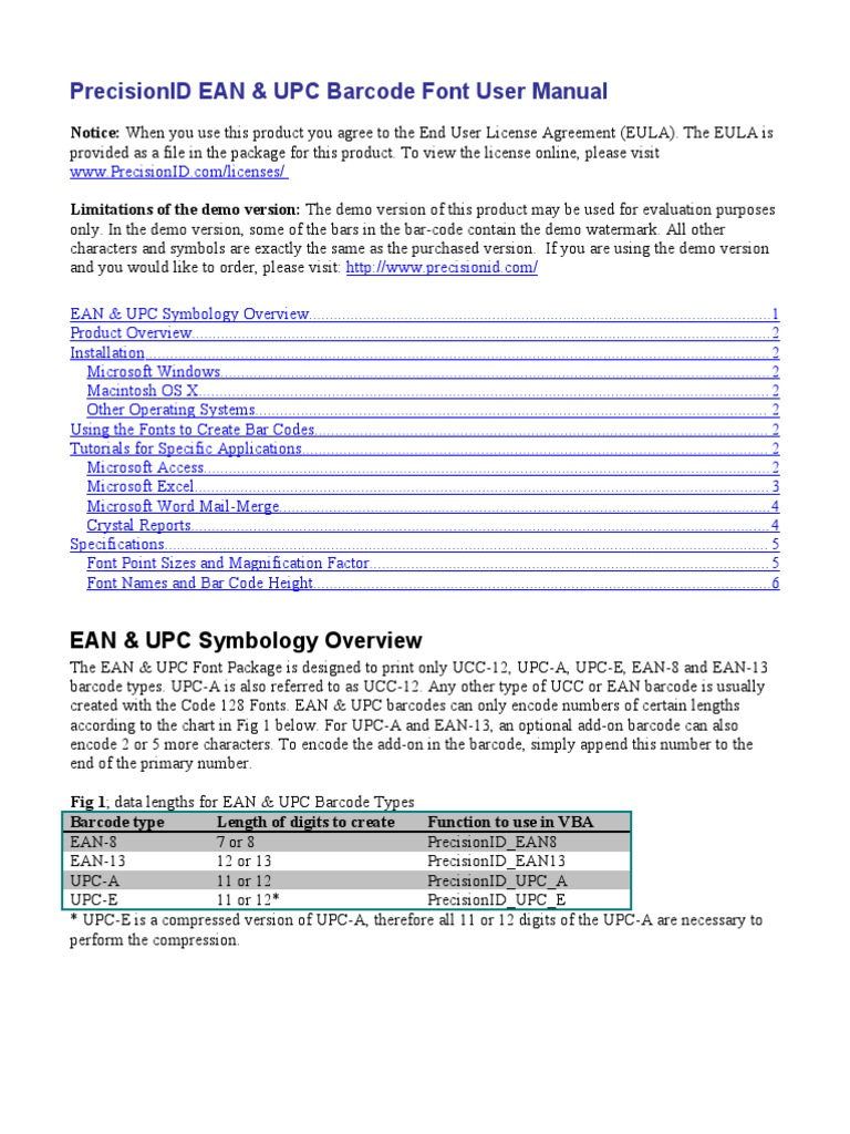 PrecisionID EANUPC Barcode Font Manual | PDF | Universal Product Code ...