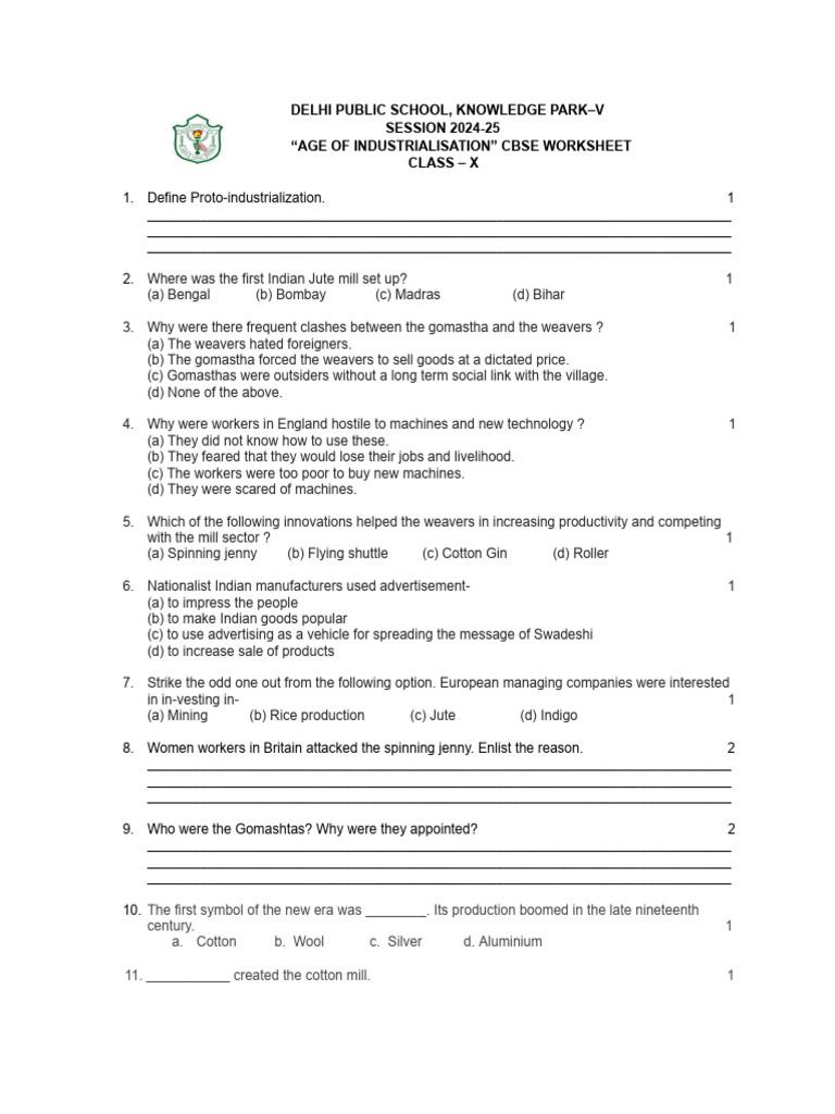 Industrial Revolution Worksheet Class 10th | PDF | Cotton | Weaving