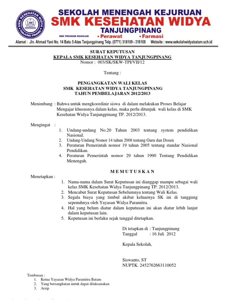 Sk Wali Kelas Tugas tambahan sebagai wali kelas tentunya dengan sk kepala sekolah dengan diikuti uraian tugas yang jelas.