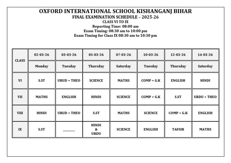 Exam Scheduie Final Term 2025-26 Class Vi To Ix | PDF