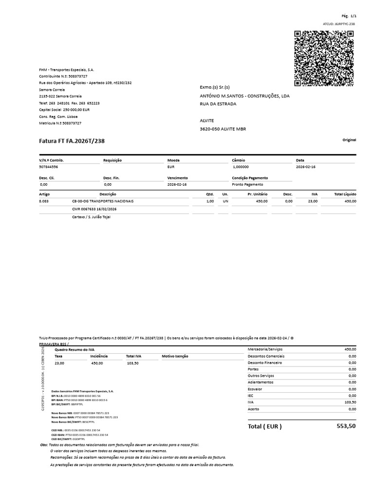 Fatura Ftfa.2026t 238 | PDF | Imposto sobre Valor Agregado (IVA) | Comércio