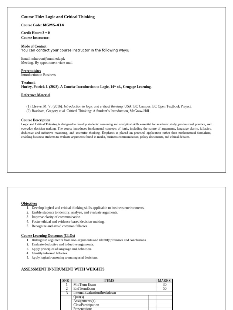Course Outline Logic and Critical Thinking Prepared by DR - Haroon ...