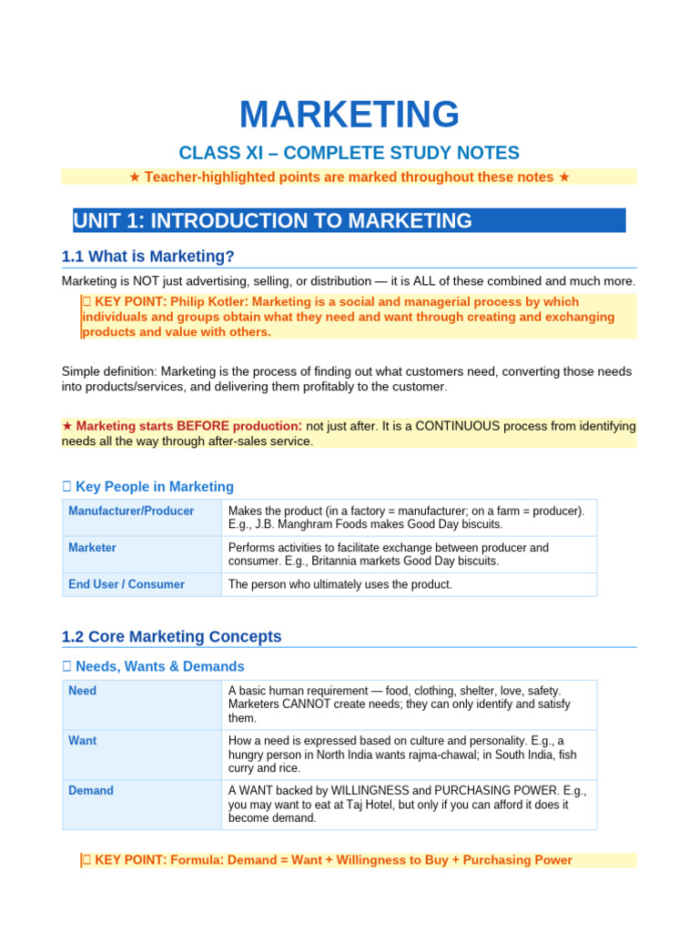 Marketing Class XI Notes | PDF | Marketing | Market Segmentation