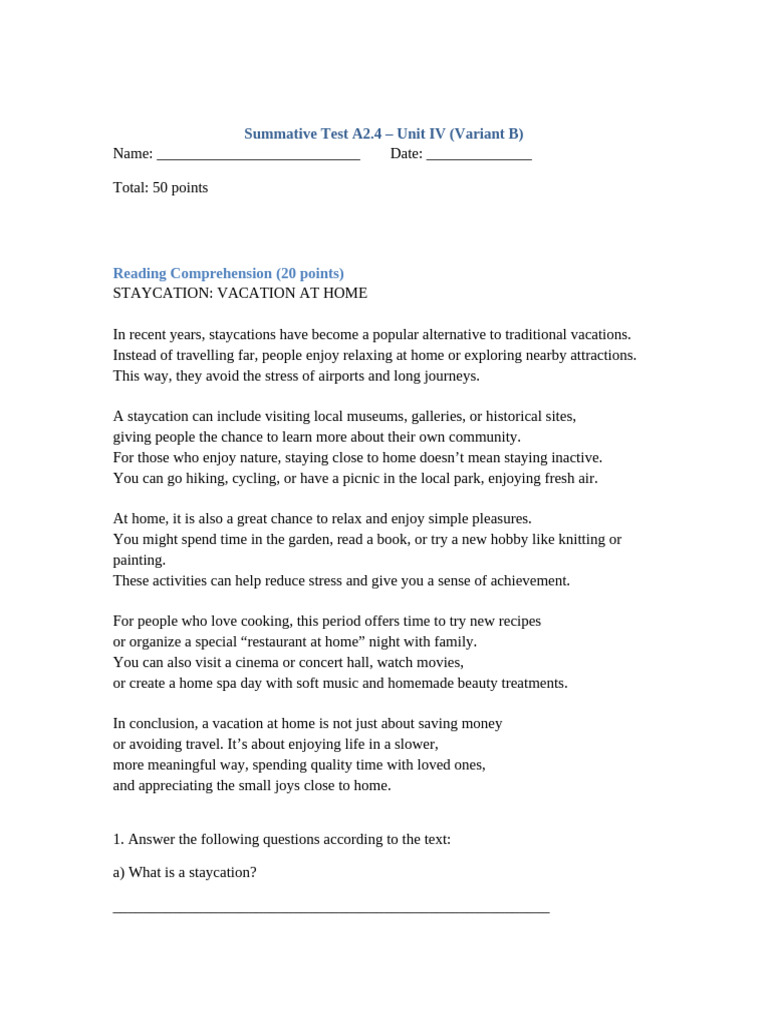 Summative Test A2 4 Unit IV Variant B Identical | PDF