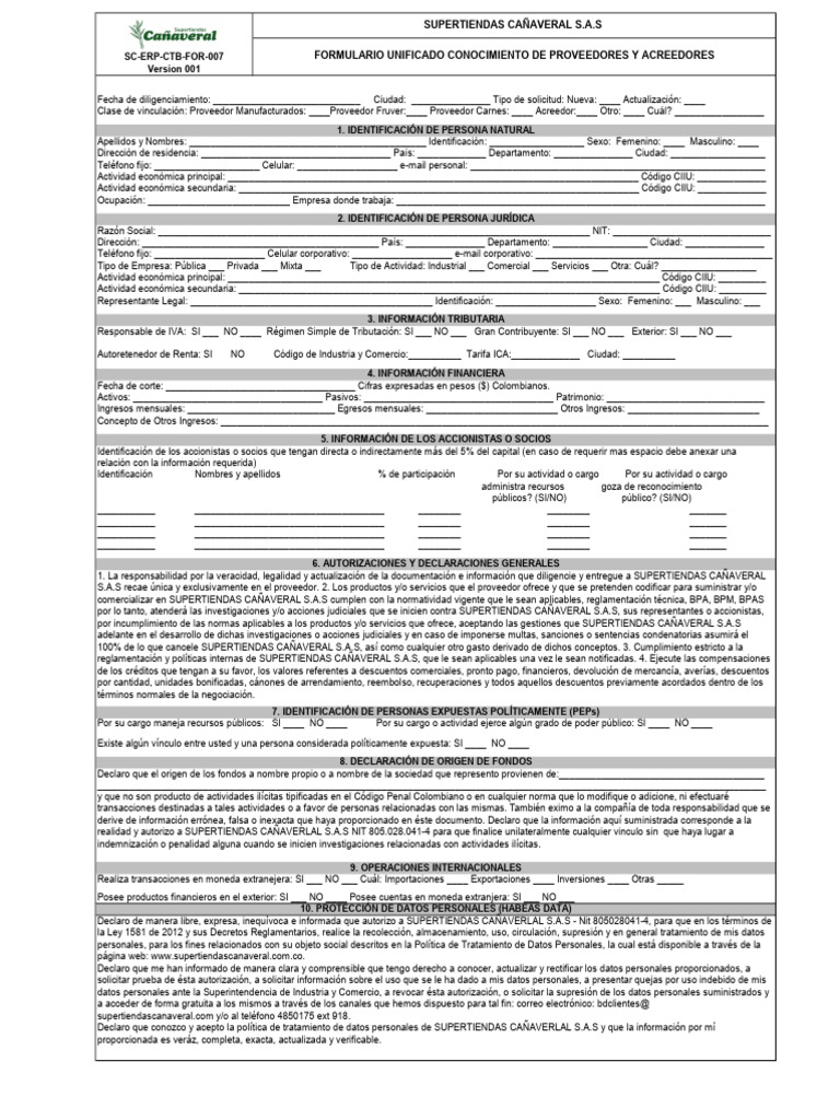 Sc-erp-ctb-For-007-V01 Formulario Unificado Conocimiento Proveedores y ...