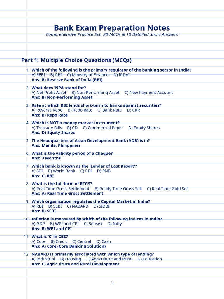 Bank Exam Detailed Notes | PDF | Banks | Reserve Bank Of India