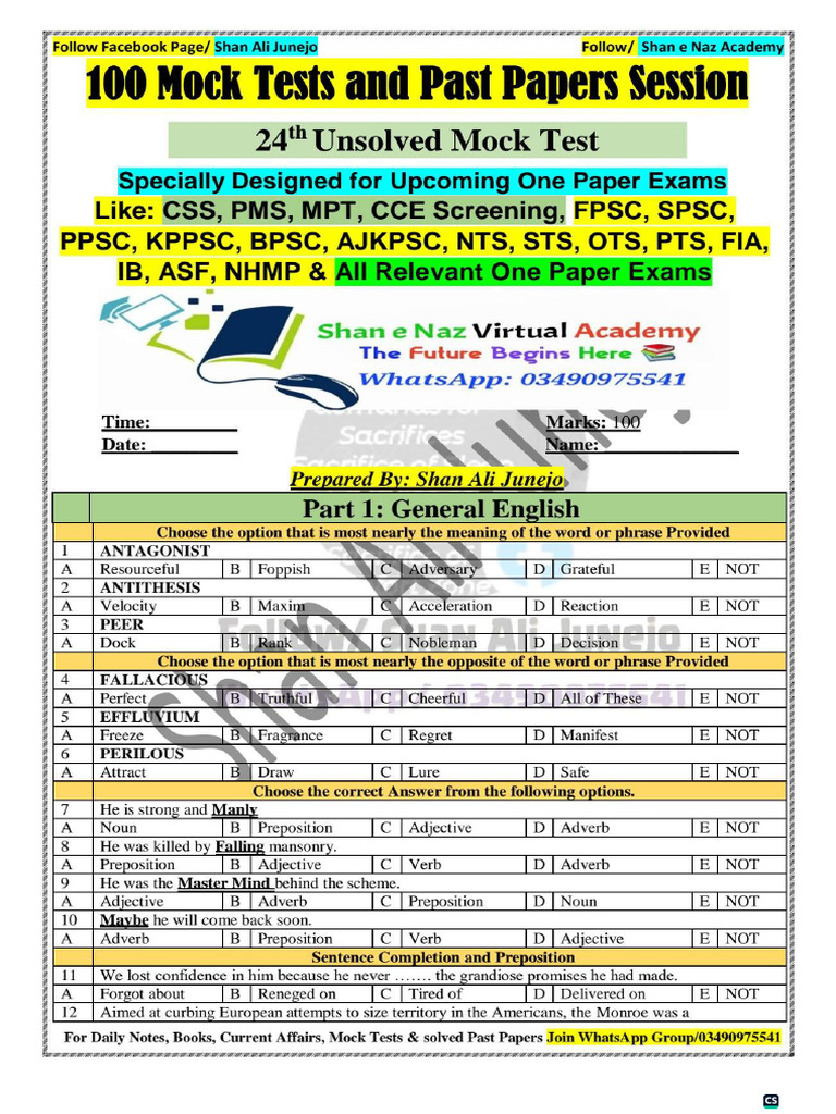 24th Unsolved Mock Test For MOD, ASF, FIA and FPSC, PPSC, SPSC All One ...